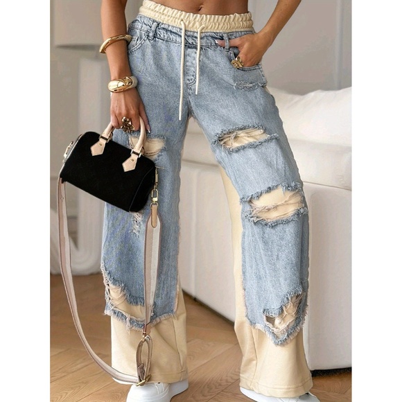 2025 Summer New Women's Jeans-Elegant Splicing Pants Fashionable Ripped Jeans - Picture 1 of 3